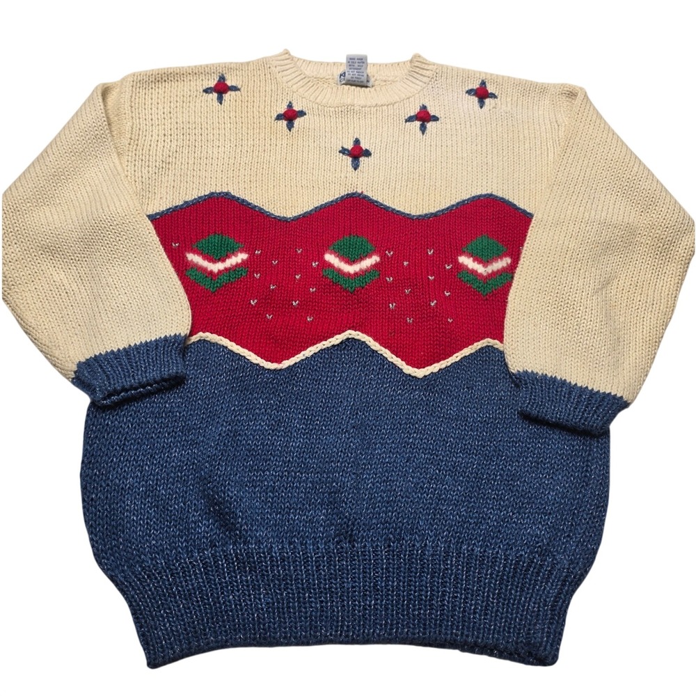 Koret City Blues Vintage Knit Sweater Large Colorblock Embroidered Ramie Cotton